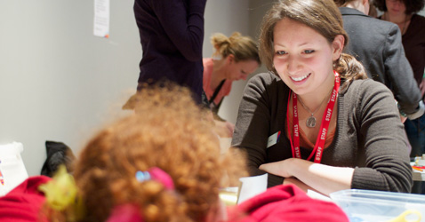 Volunteers collaborating in a community space